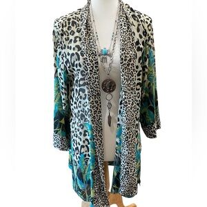 Multiples Women's Leopard Print Cardigan with Turquoise Floral Accents Size M